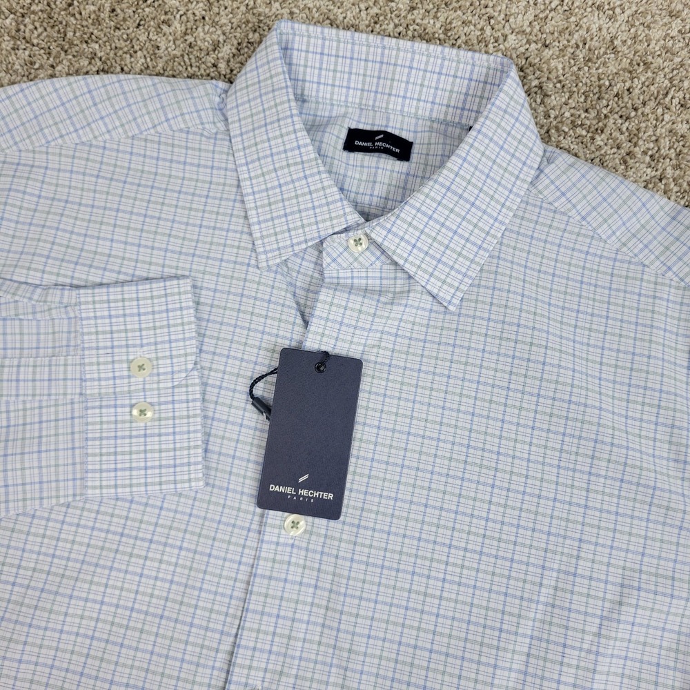 NWT Daniel Hechter Paris Mens Large White Blue Plaid Button Up Long Sleeve